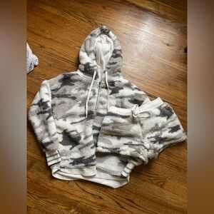 Pj salvage fuzzy Sherpa grey and white camo hoodie and shorts set
